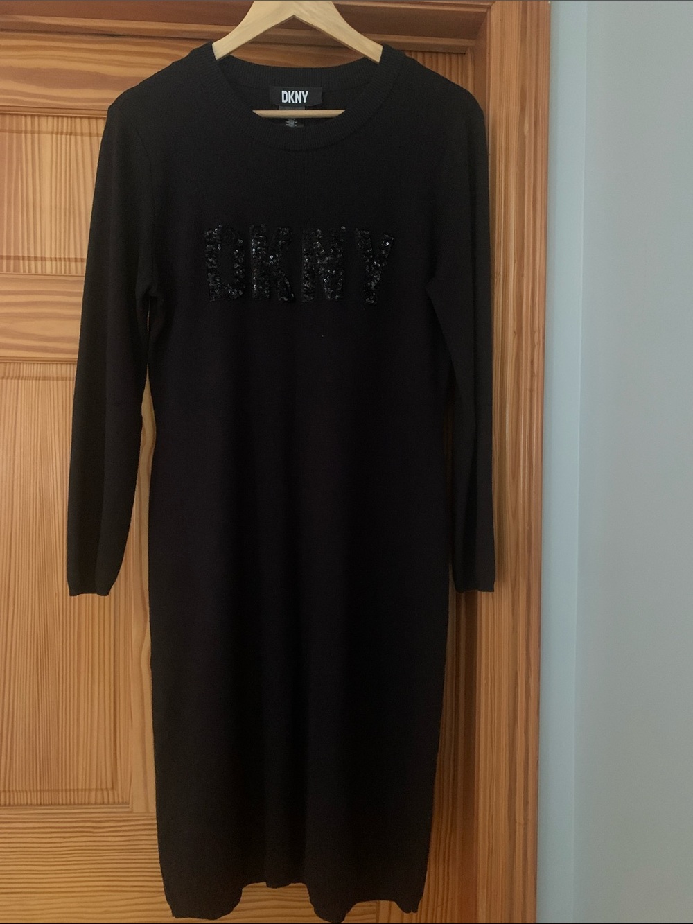 DKNY Black Long Sleeve Knit “Sneaker” Dress with Sequin Logo, Sz L